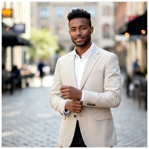 Tom James Men’s Cream & White Seersucker Sportcoat